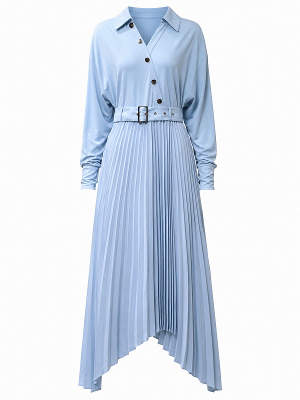 【新品DRESS 3390】襟付きゴールドボタンドルマンスリーブプリーツミモレ丈フレアロングドレス ブルー【KAREN MILLEN】